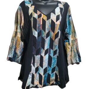 Parsley & Sage Art to Wear Tunic Size L Geometric Applique V-Neck 3/4 Sleeve